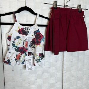 KID'S 2-Piece Toddler Girl Flower Ruffle Suspender Top and Belted Red Shorts Set